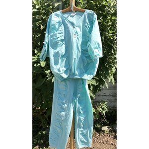 Vtg 80s Sibelle of California Aqua 2 Pc Pants Blouse Set Puffy Jumper Style Med